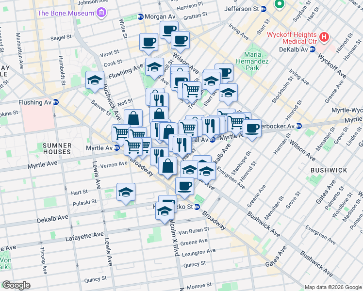 map of restaurants, bars, coffee shops, grocery stores, and more near 963 Willoughby Avenue in Brooklyn