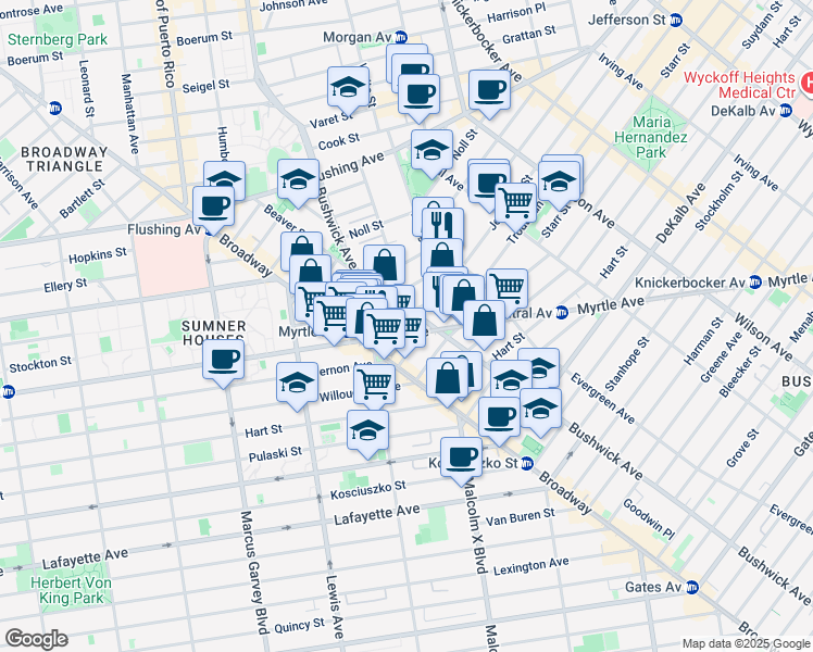 map of restaurants, bars, coffee shops, grocery stores, and more near 635 Bushwick Avenue in Brooklyn