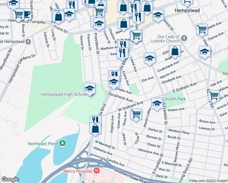 map of restaurants, bars, coffee shops, grocery stores, and more near 605 Peninsula Boulevard in Hempstead