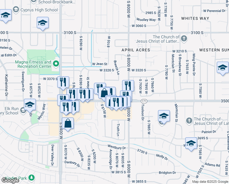 map of restaurants, bars, coffee shops, grocery stores, and more near 8075 Copperfield Place in Magna