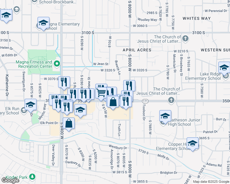 map of restaurants, bars, coffee shops, grocery stores, and more near 8073 Copperfield Place in Magna