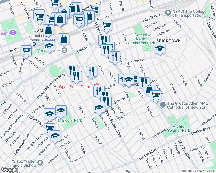 map of restaurants, bars, coffee shops, grocery stores, and more near 164-27 108th Avenue in Queens