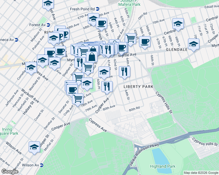 map of restaurants, bars, coffee shops, grocery stores, and more near 75-42 61st Street in Queens