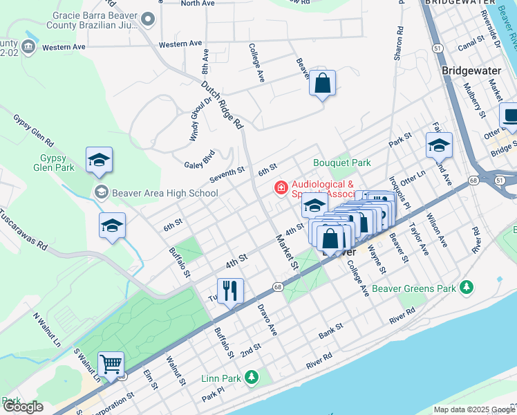 map of restaurants, bars, coffee shops, grocery stores, and more near 489 Market Street in Beaver