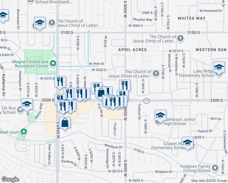 map of restaurants, bars, coffee shops, grocery stores, and more near 8065 Copperfield Place in Magna
