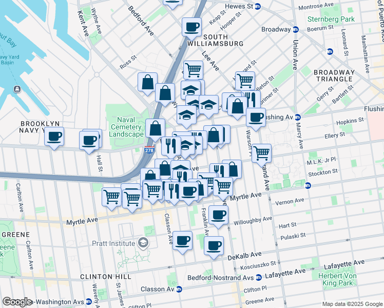 map of restaurants, bars, coffee shops, grocery stores, and more near 40 Franklin Avenue in Brooklyn