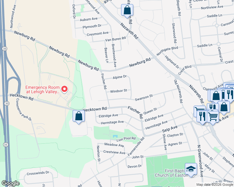 map of restaurants, bars, coffee shops, grocery stores, and more near 3015 Windsor Street in Easton