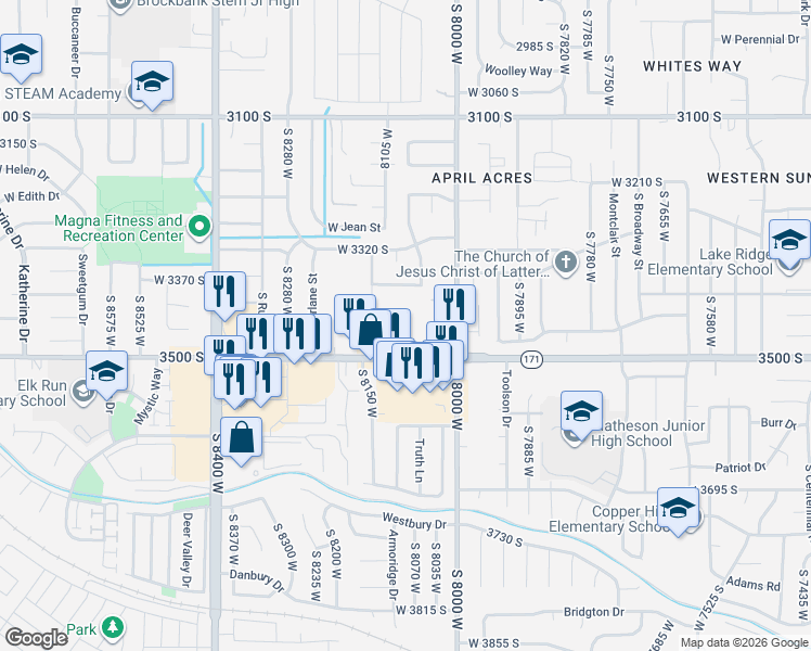 map of restaurants, bars, coffee shops, grocery stores, and more near 8082 Copperfield Place in Magna