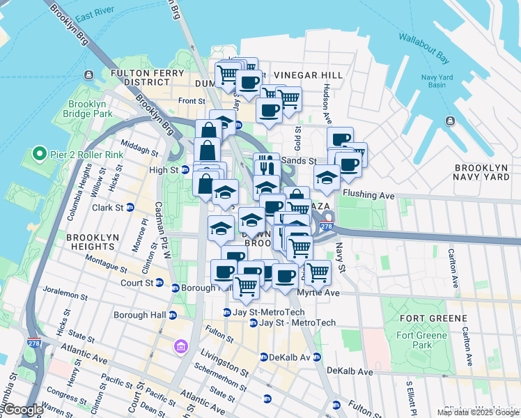 map of restaurants, bars, coffee shops, grocery stores, and more near 189 Bridge Street in Brooklyn