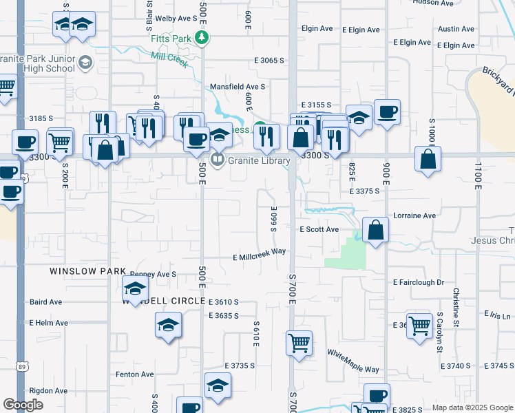 map of restaurants, bars, coffee shops, grocery stores, and more near 316 3390 South in South Salt Lake