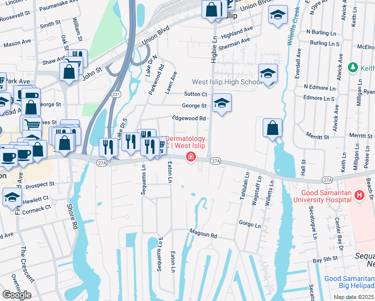 map of restaurants, bars, coffee shops, grocery stores, and more near 495 Montauk Highway in West Islip