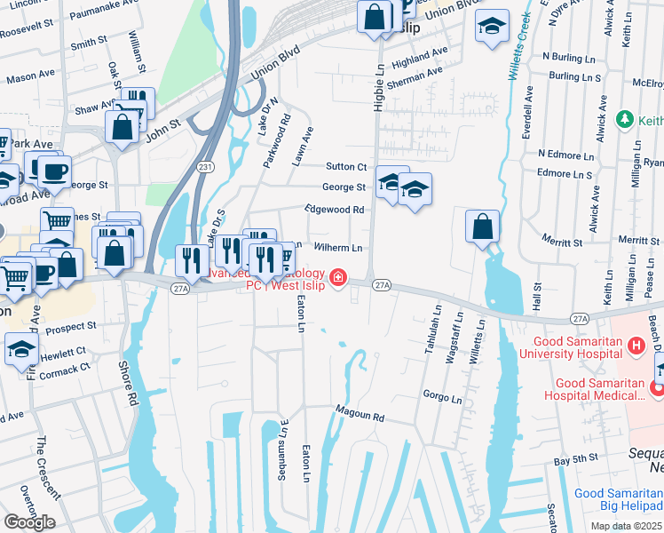 map of restaurants, bars, coffee shops, grocery stores, and more near 495 Montauk Highway in West Islip