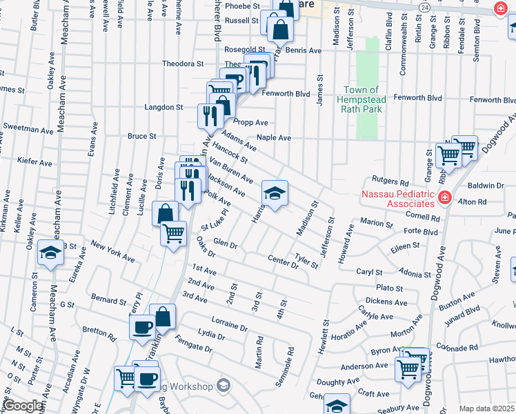 map of restaurants, bars, coffee shops, grocery stores, and more near 994 Jackson Avenue in Franklin Square