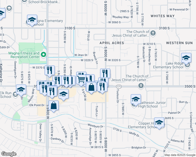 map of restaurants, bars, coffee shops, grocery stores, and more near 8053 Copperfield Place in Magna