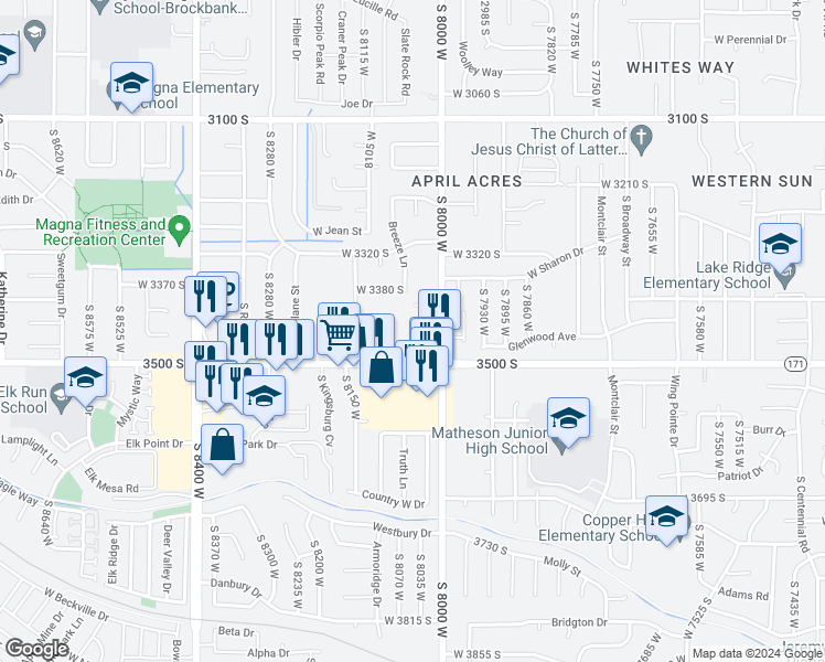 map of restaurants, bars, coffee shops, grocery stores, and more near 8055 Copperfield Place in Magna