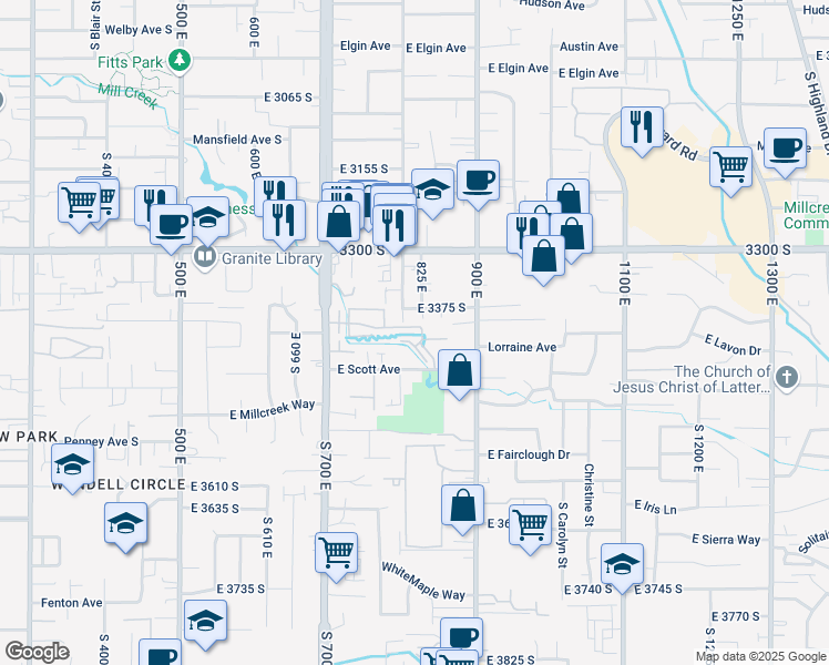 map of restaurants, bars, coffee shops, grocery stores, and more near 3400 800 East in Millcreek
