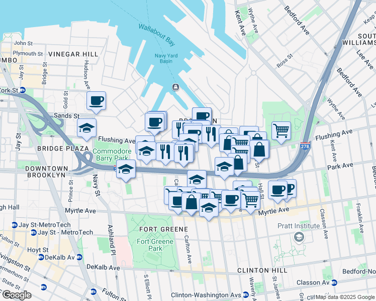 map of restaurants, bars, coffee shops, grocery stores, and more near 67 Flushing Avenue in Brooklyn