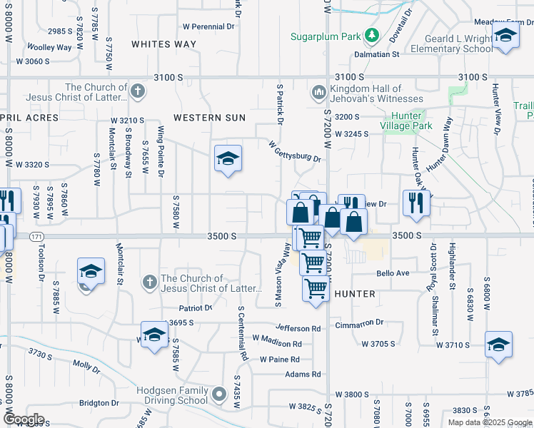 map of restaurants, bars, coffee shops, grocery stores, and more near 3447 South Treyson Court in Magna