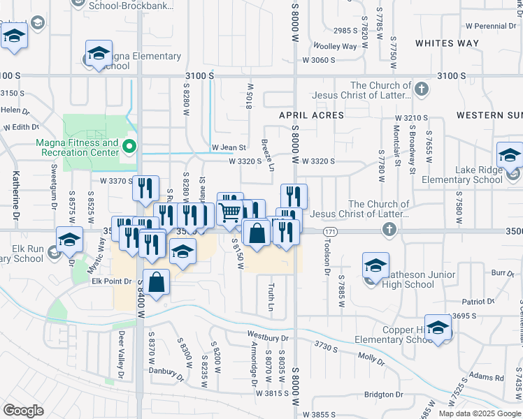 map of restaurants, bars, coffee shops, grocery stores, and more near 8073 Copperfield Place in Magna