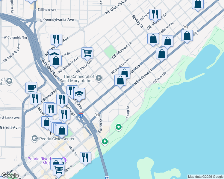 map of restaurants, bars, coffee shops, grocery stores, and more near 710 Northeast Jefferson Avenue in Peoria