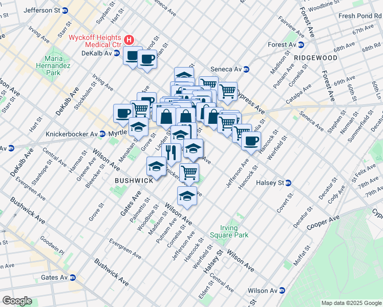 map of restaurants, bars, coffee shops, grocery stores, and more near 360 Irving Avenue in Brooklyn