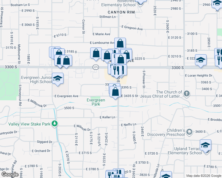 map of restaurants, bars, coffee shops, grocery stores, and more near 2281 3380 South in Salt Lake City