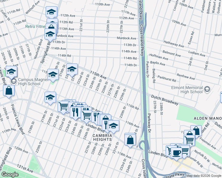 map of restaurants, bars, coffee shops, grocery stores, and more near 115-23 226th Street in Queens