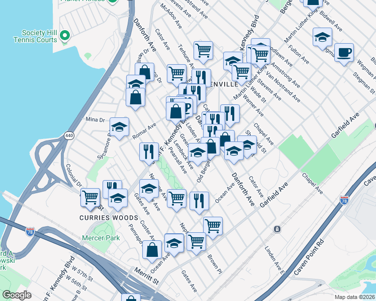 map of restaurants, bars, coffee shops, grocery stores, and more near 65 Greenville Avenue in Jersey City