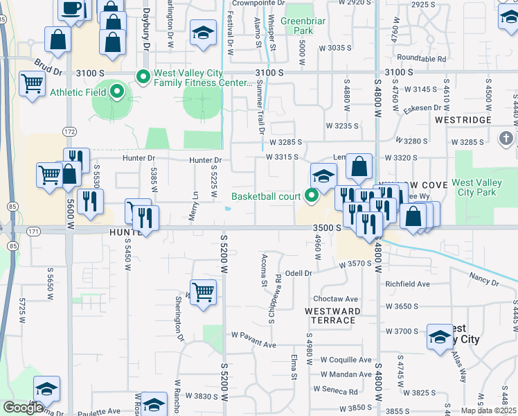 map of restaurants, bars, coffee shops, grocery stores, and more near 3451 Park Vista Drive in Salt Lake City