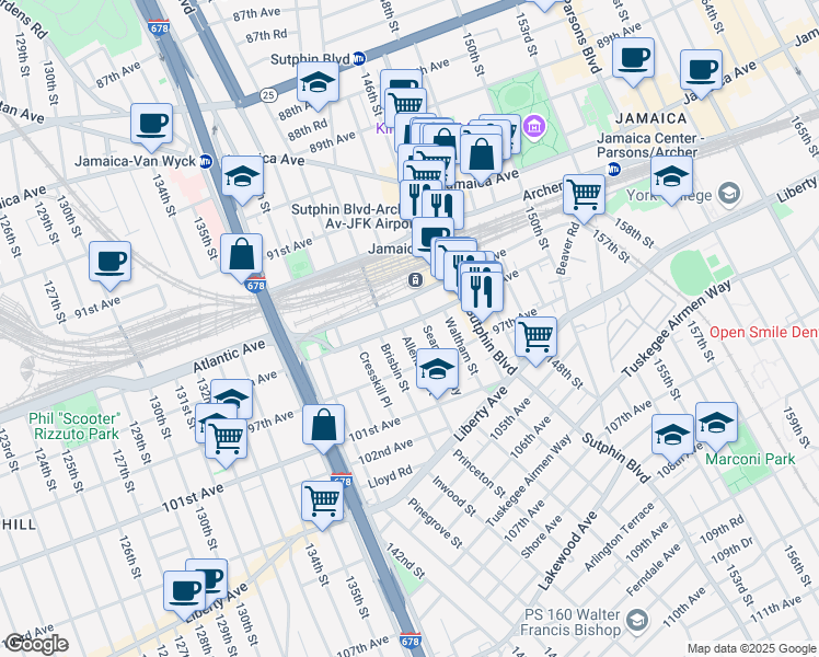 map of restaurants, bars, coffee shops, grocery stores, and more near 95-03 Allendale Street in Queens