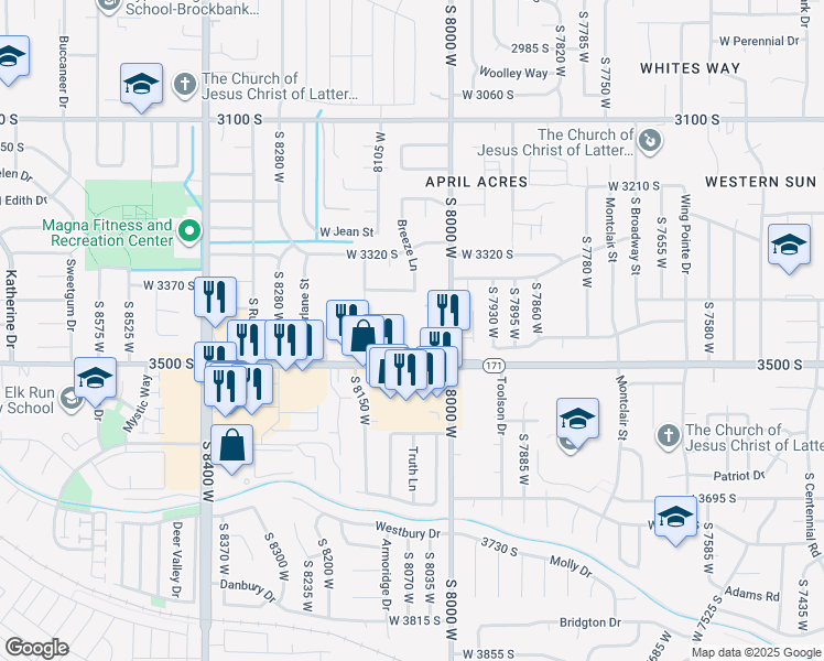 map of restaurants, bars, coffee shops, grocery stores, and more near 8065 Copperfield Place in Magna