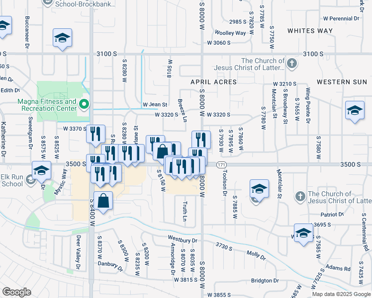 map of restaurants, bars, coffee shops, grocery stores, and more near 8067 Copperfield Place in Magna