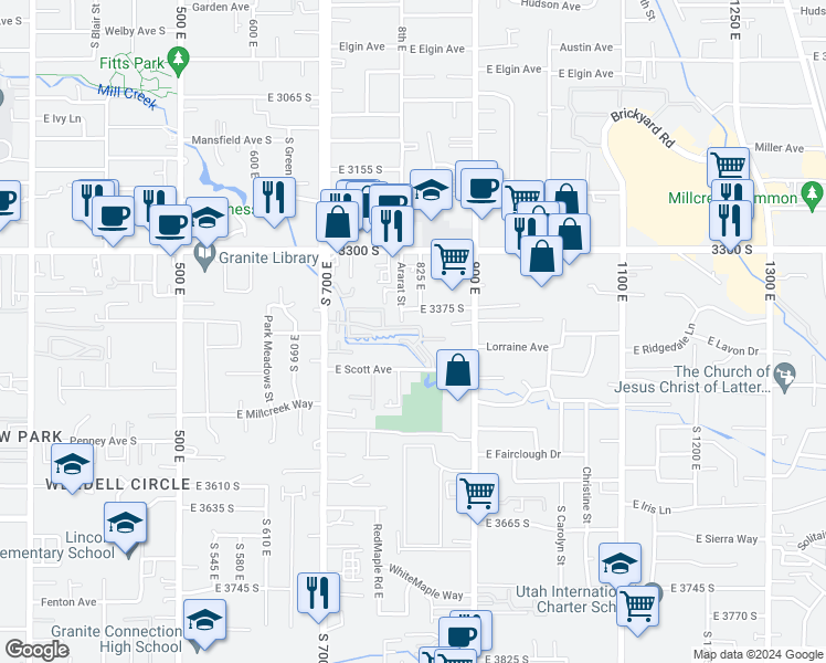 map of restaurants, bars, coffee shops, grocery stores, and more near 3400 800 East in Millcreek