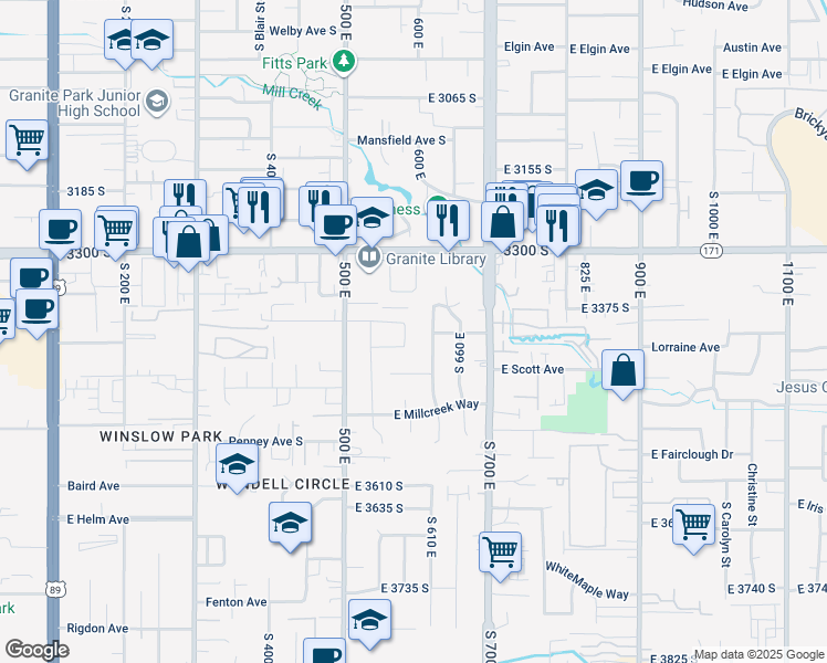 map of restaurants, bars, coffee shops, grocery stores, and more near 575 East Farmer Alumni Drive in South Salt Lake