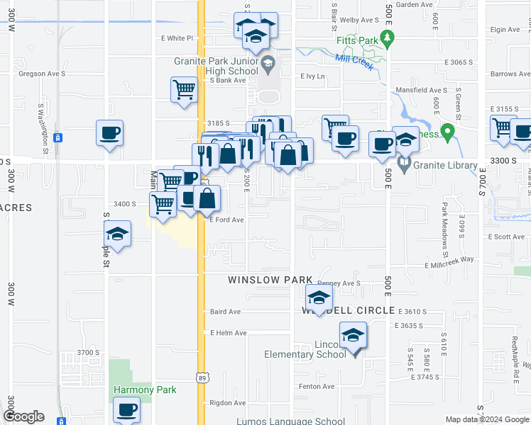 map of restaurants, bars, coffee shops, grocery stores, and more near 218 New Century Lane in South Salt Lake