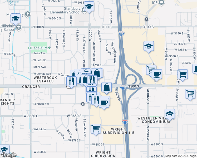 map of restaurants, bars, coffee shops, grocery stores, and more near 3427 Meadow Lark Drive in West Valley City