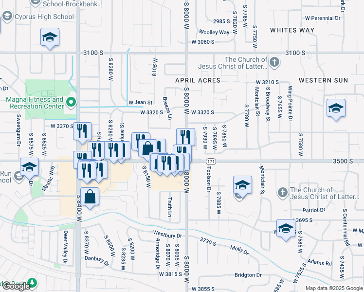 map of restaurants, bars, coffee shops, grocery stores, and more near 8035 Copperfield Place in Magna