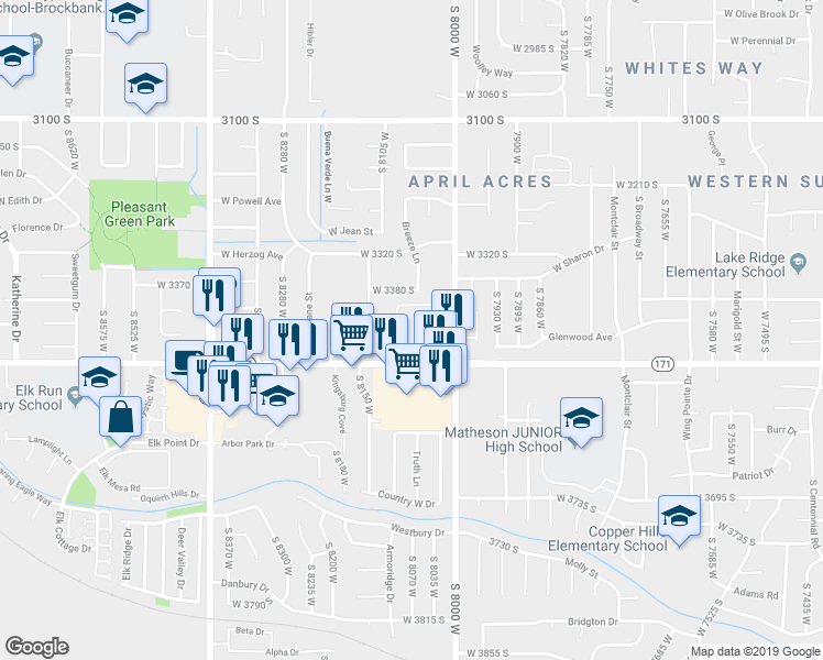 map of restaurants, bars, coffee shops, grocery stores, and more near 8082 Copperfield Place in Magna