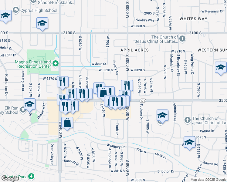 map of restaurants, bars, coffee shops, grocery stores, and more near 8082 Copperfield Place in Magna