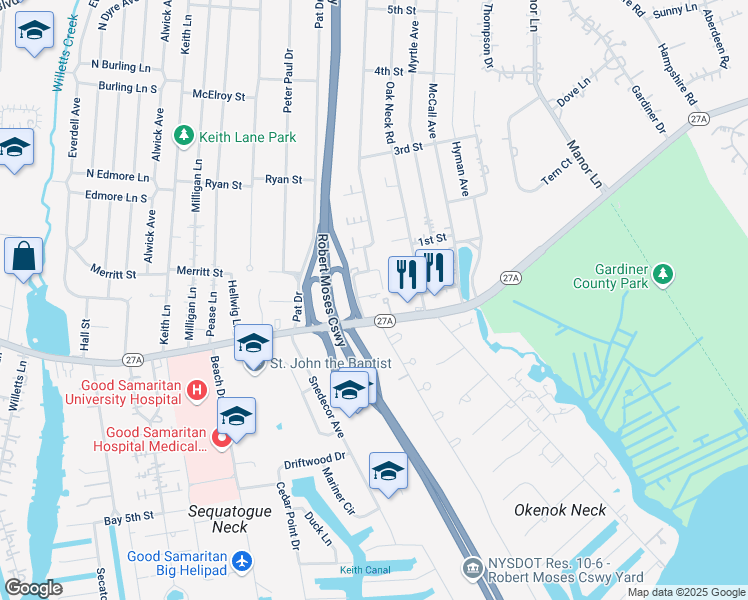 map of restaurants, bars, coffee shops, grocery stores, and more near 9 Gladstone Avenue in West Islip