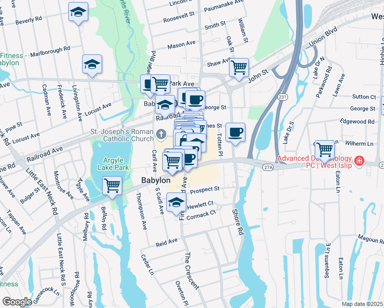 map of restaurants, bars, coffee shops, grocery stores, and more near 90 Deer Park Avenue in Babylon