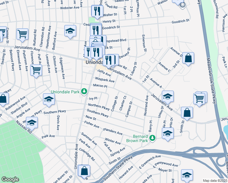 map of restaurants, bars, coffee shops, grocery stores, and more near 747 Macon Place in Uniondale