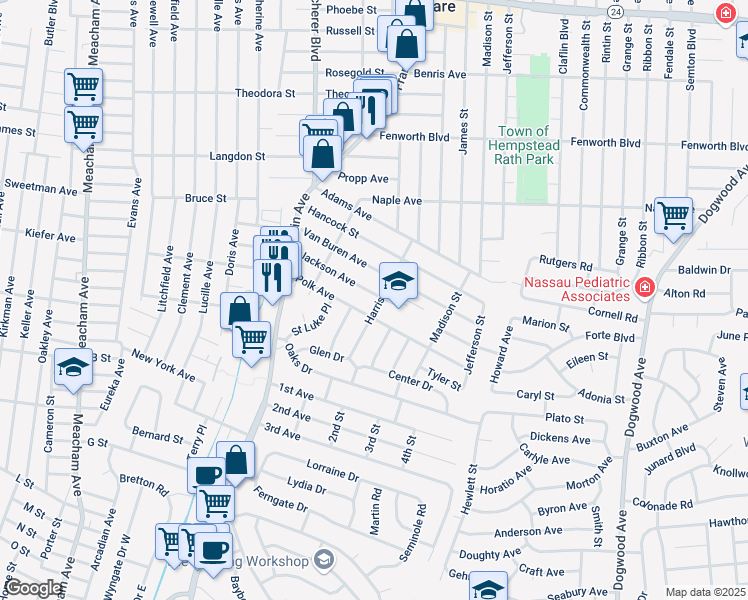 map of restaurants, bars, coffee shops, grocery stores, and more near 994 Jackson Avenue in Franklin Square