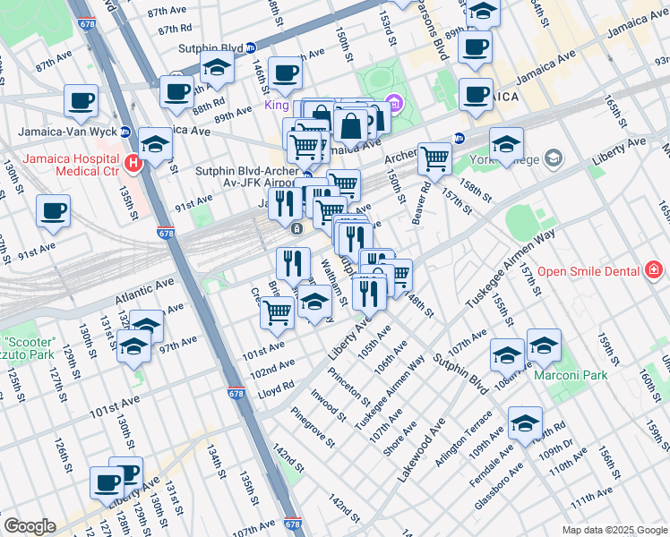 map of restaurants, bars, coffee shops, grocery stores, and more near 95-17 Sutphin Boulevard in Queens