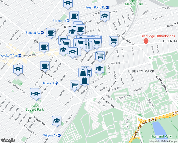 map of restaurants, bars, coffee shops, grocery stores, and more near 1804 Summerfield Street in Queens