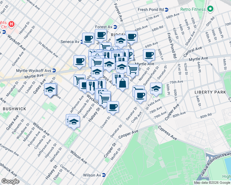 map of restaurants, bars, coffee shops, grocery stores, and more near 976 Cypress Avenue in Queens