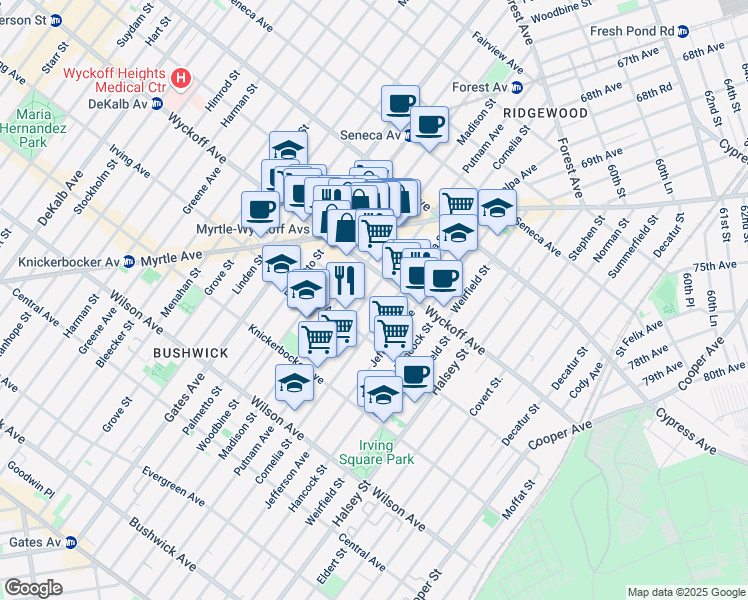 map of restaurants, bars, coffee shops, grocery stores, and more near in Queens