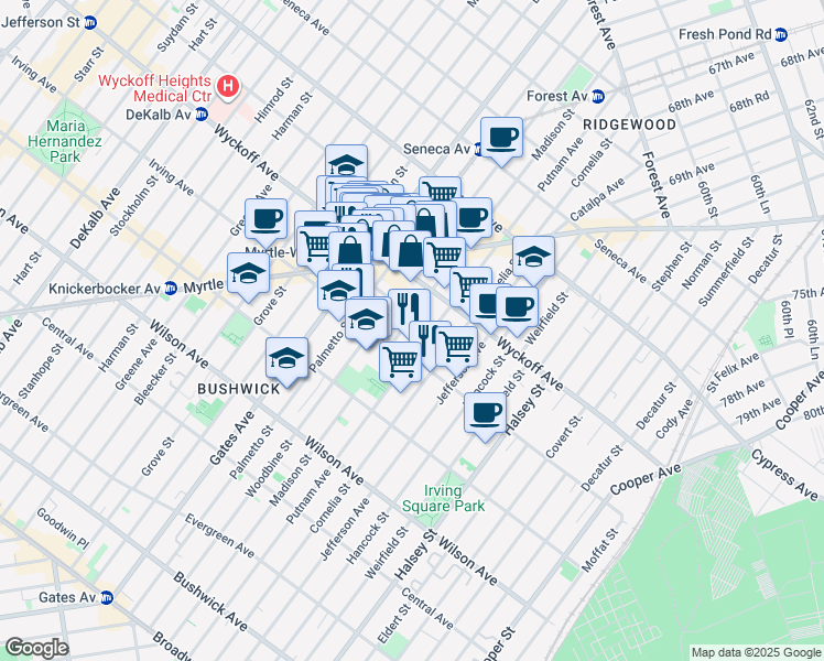 map of restaurants, bars, coffee shops, grocery stores, and more near 15 Ridgewood Place in Brooklyn