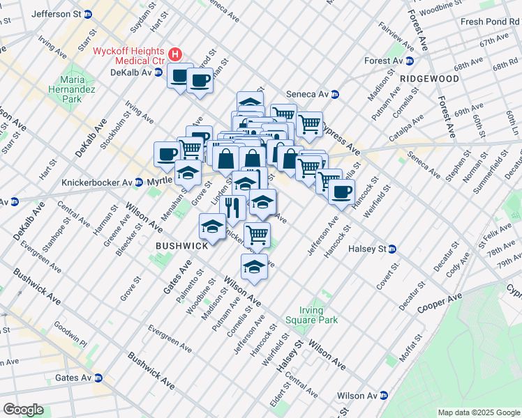 map of restaurants, bars, coffee shops, grocery stores, and more near 351 Irving Avenue in Brooklyn