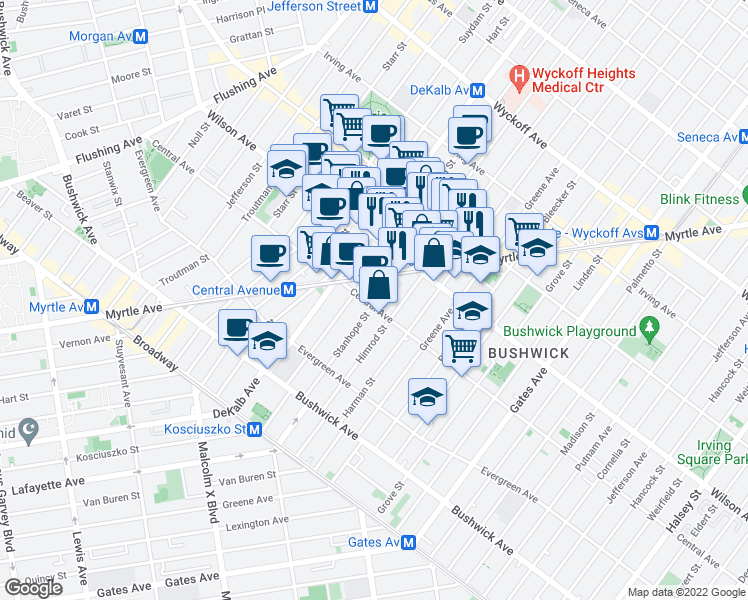 map of restaurants, bars, coffee shops, grocery stores, and more near 132A Stanhope Street in Brooklyn